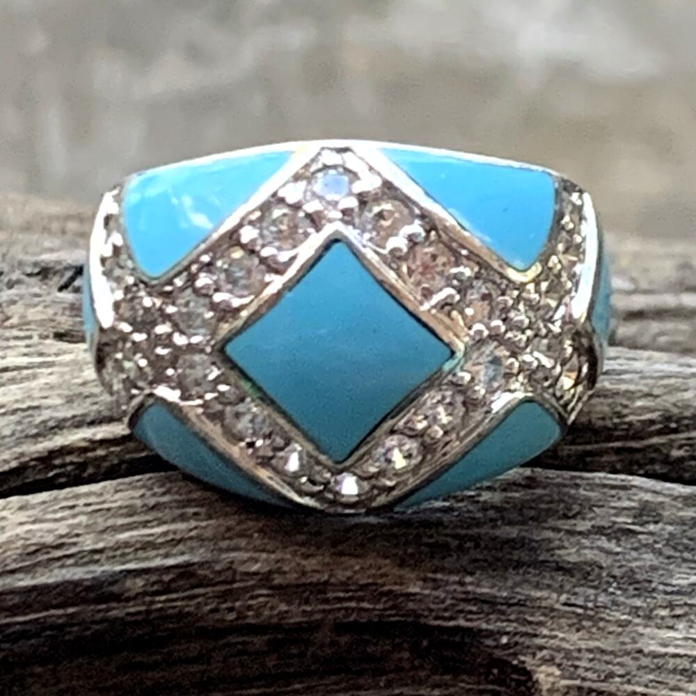 Eric Grossbardt Ring Size 5 Sterling Silver, Blue Enamel & CZ's Diamonique